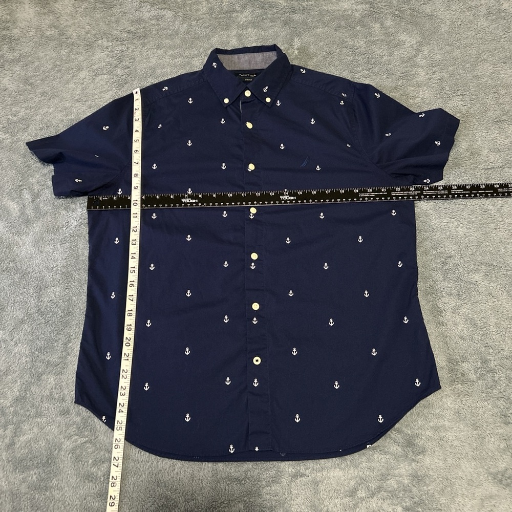 Nautica Men's Navy Blue Anchor Print Short Sleeve Button-Down Shirt - Picture 6 of 6